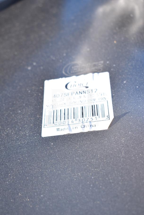 Label on nonstick springform pan, model 407SFPANNS12, aluminized steel, made in China.