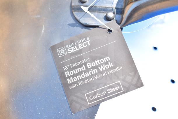 16" Round Bottom Mandarin Wok, Carbon Steel, Riveted Wood Handle, Tag: Emperor's Select. Part of 16-item auction lot.