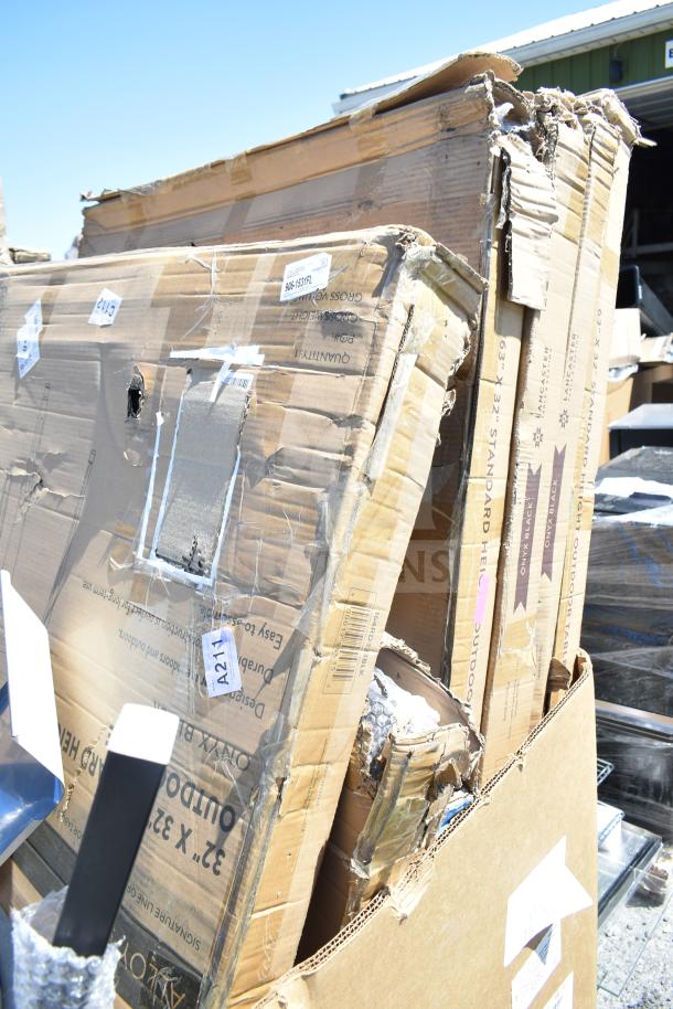 Damaged cardboard packaging containing 16 new "scratch and dent" items including ServIt model 423HDM26SA.