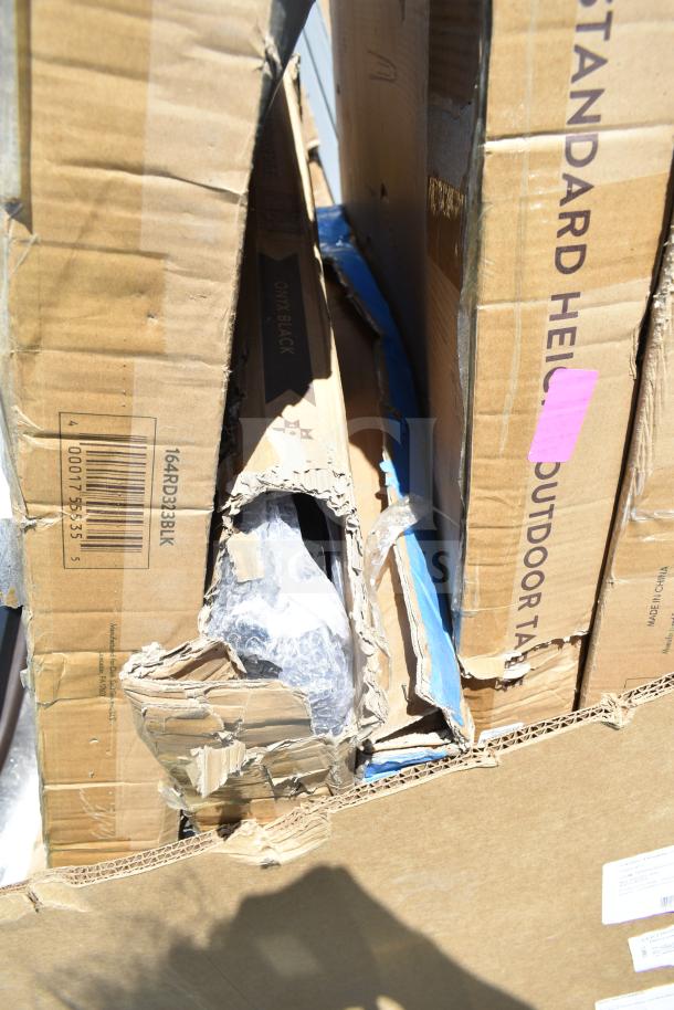 Damaged boxes containing 16 brand new scratch and dent items, including blue chairs, tables, and a cake pan. Model: ServIt 423HDM26SA.