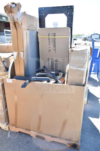 Box containing 14 new ServIt 423HDM26SA scratch and dent items, including wall corner guard, work table, dolly visible.