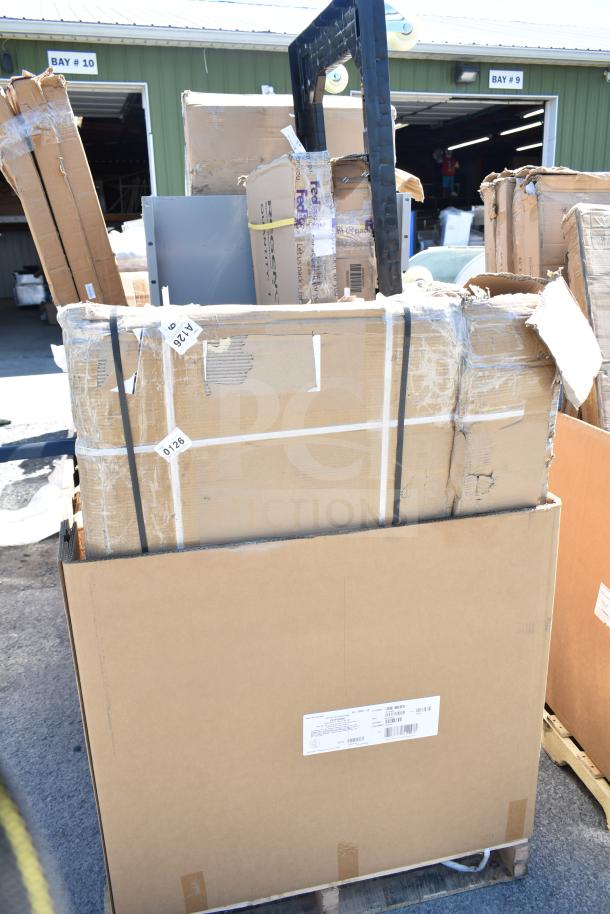 14 new scratch and dent items, including ServIt wall corner guard and work table, Model 423HDM26SA, in shipping boxes.