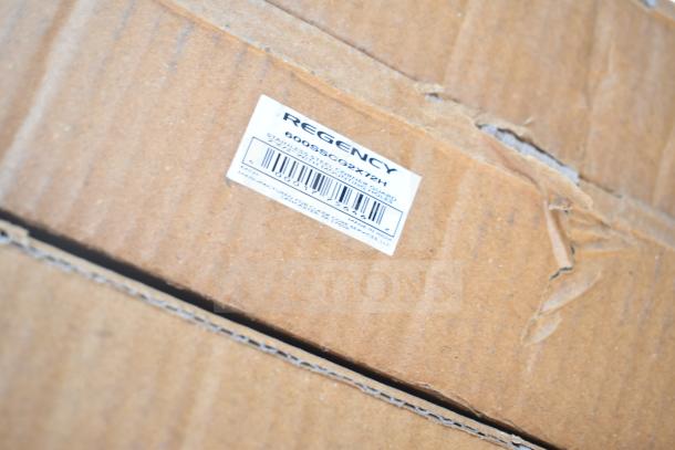 14 BRAND NEW SCRATCH AND DENT items in cardboard box. Label shows Regency product code 600SQC02X72H, made in USA.