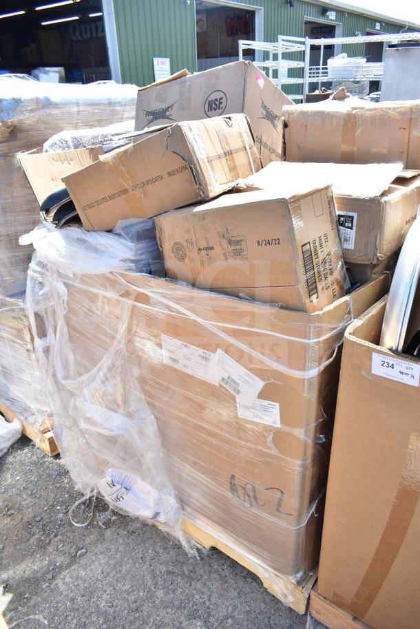 ServIt 423HDM26SA scratch and dent items including mop sink and mop heads in cardboard boxes on pallet, some packaging damaged.