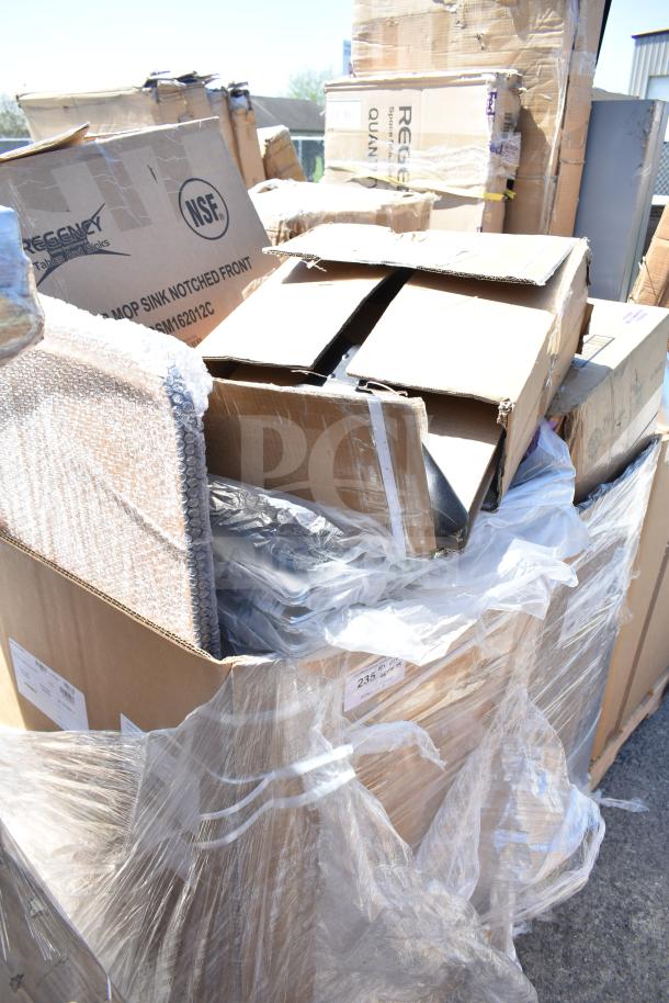 Brand new scratch and dent lot including ServIt mop sink model 423HDM26SA, mop heads in boxes. Suitable for commercial use.