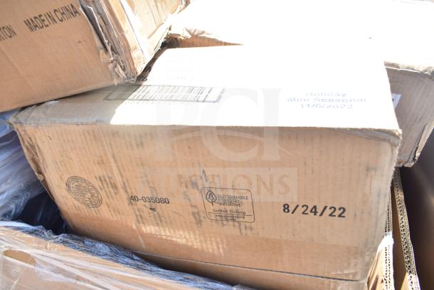 15 brand new scratch and dent items in boxes, including ServIt mop sink 423HDM26SA and mop heads. Sustainable Forestry Initiative mark visible.