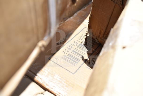 Cardboard box for ServIt model 423HDM26SA mop sink, visible barcode, and "Made in India" label, slight damaged edges.