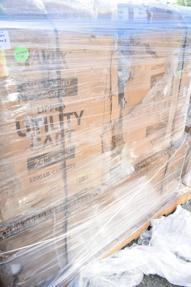 Pallet of 3 brand new "scratch and dent" items including a 3-shelf utility cart and sinks, wrapped in plastic.