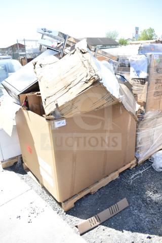 Cardboard boxes on pallets containing 16 scratch and dent items, including trash cans and ingredient bins. Item number 237 visible.