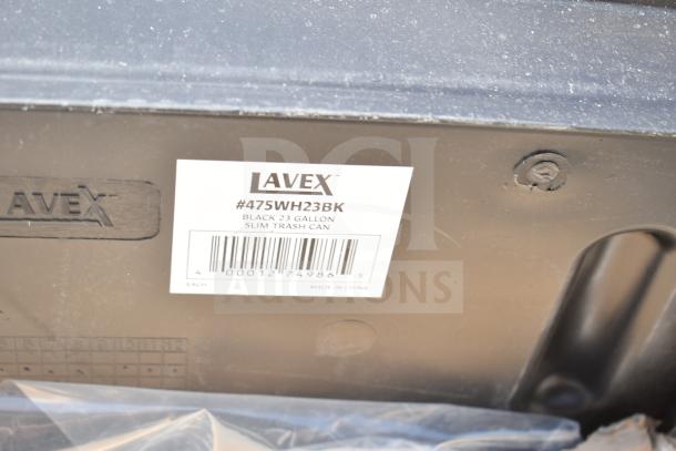 Lavex 23-gallon slim trash can label, model #475WH23BK, made in China, part of 16 scratch and dent items.