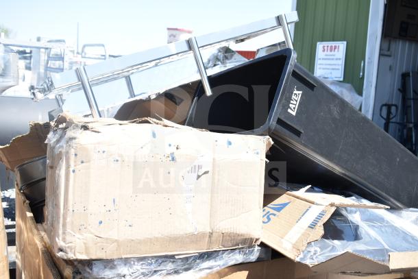 Brand new scratch and dent items including Aleva trash bins in damaged boxes, 16 pieces available.