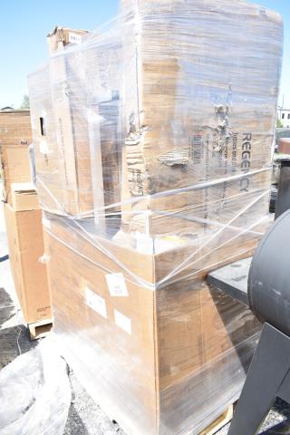 Pallet of 12 scratch and dent items, including a dunnage rack and shelf kit, in original packaging, visibly wrapped for auction.