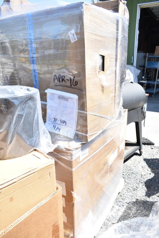 Stack of 12 brand new scratched and dented items, including a dunnage rack and shelf kit, wrapped in plastic. Markings read "APR-16."