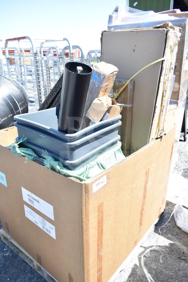 Large pallet box with mixed items, including bins, a high chair, and shelves. Marked “12 BRAND NEW SCRATCH AND DENT!”