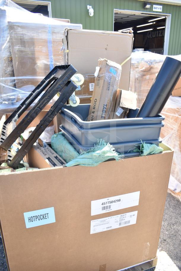 Cardboard box with assorted brand new items, including high chair and wall shelves. Labels show "HOTPOCKET" and item codes.