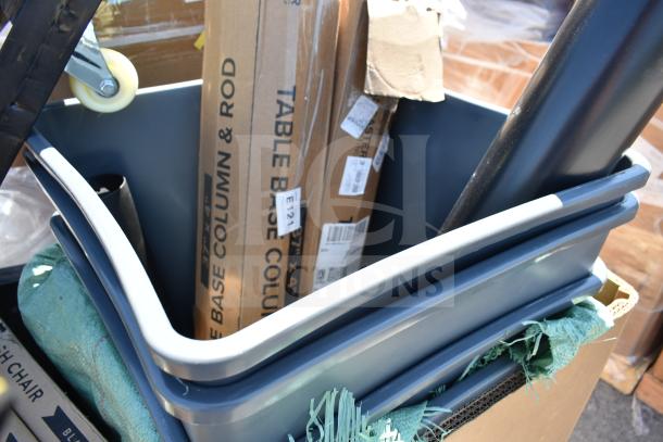 Collection of assorted brand new scratch and dent items including a high chair, wall shelves, and trash cans. Box labeled "TABLE BASE COLUMN & ROD." Items appear in mixed packaging.