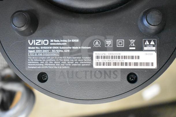 Vizio SV510XW-0906 Subwoofer label showing model, input, barcode, and FCC compliance details.