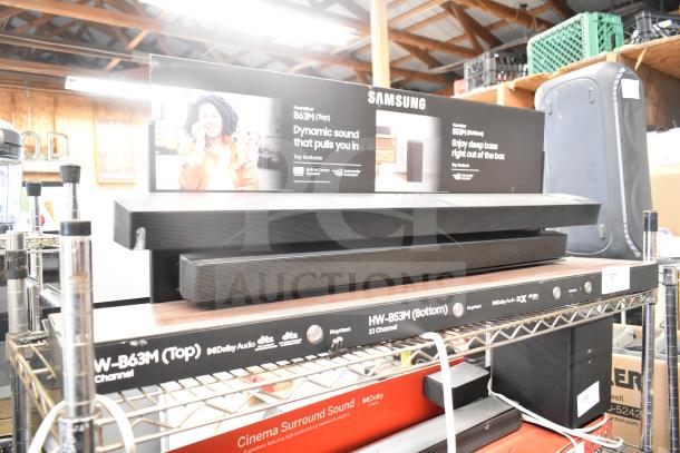 Samsung display with sound bar, models B63M and B53M. Features Dolby Audio, built-in center speaker. Good condition.
