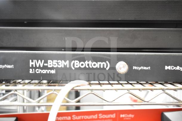 Samsung store display sound bar HW-B53M, featuring 2.1 channel audio and Dolby support.