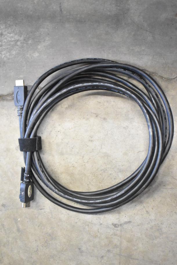 Coiled HDMI cable, Geffen brand, black with Velcro strap, part of mixed auction lot with Sensormatic ZBSTPSP-L.