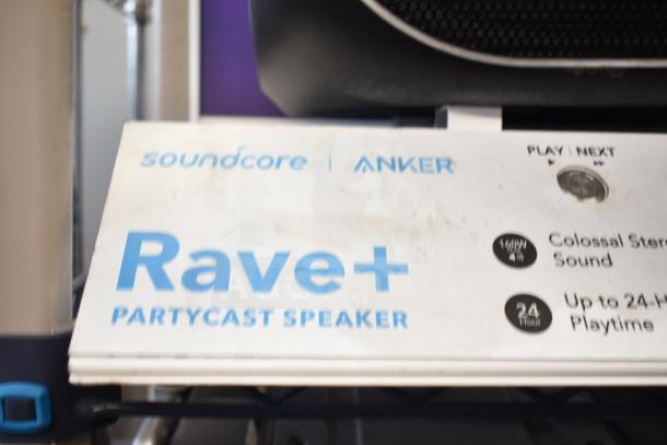 soundcore Anker Rave+ PartyCast Speaker store display showcasing features like 160W sound and up to 24-hour playtime.