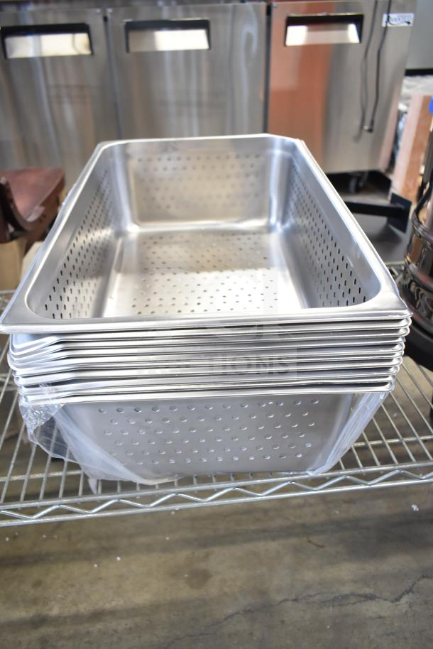 15 brand new drop-in bins, stainless steel, perforated, minor scratches, stackable, for kitchen use.