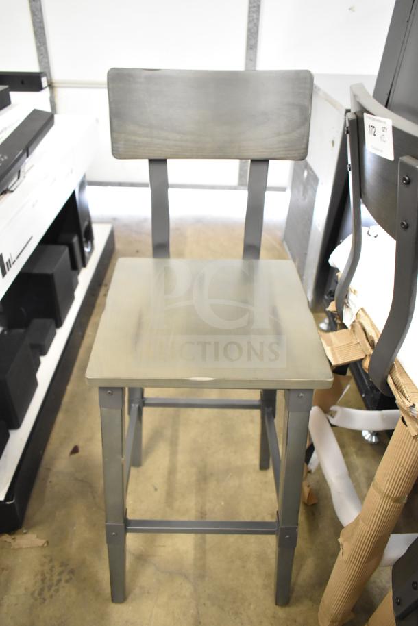 Bar height chair with wood pattern seat and backrest, metal frame, scratch and dent condition, set of 12.