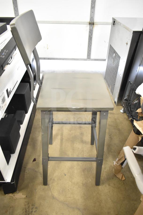 12 brand new scratch and dent bar height chairs. Wood pattern seat/back rest, metal frame. Auction for 12 chairs.