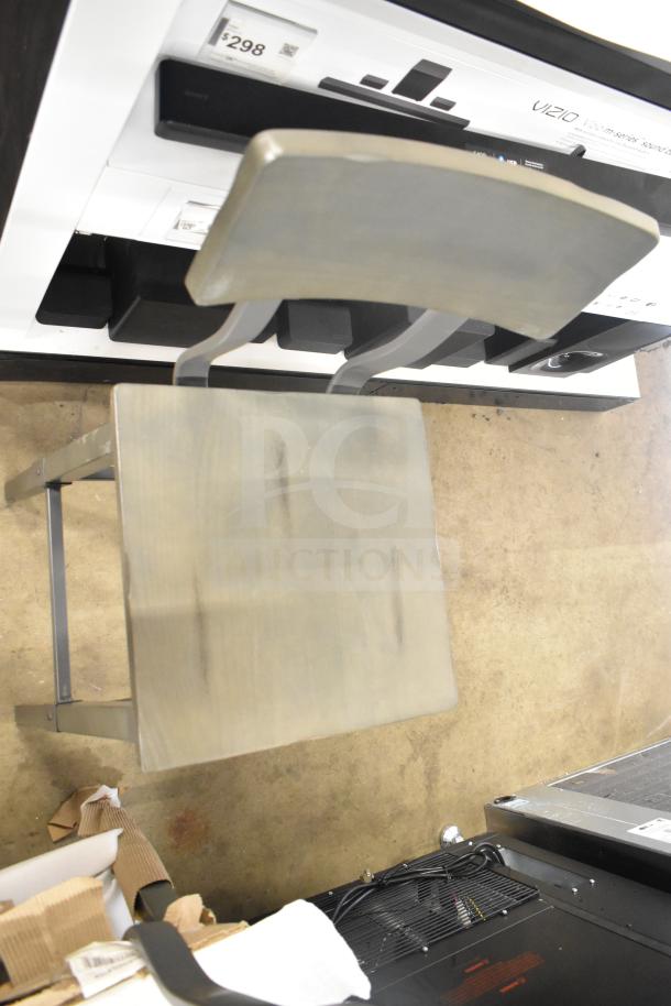 Bar height chair with wood pattern seat and backrest, metal frame. New scratch and dent. Comes in a lot of 12.