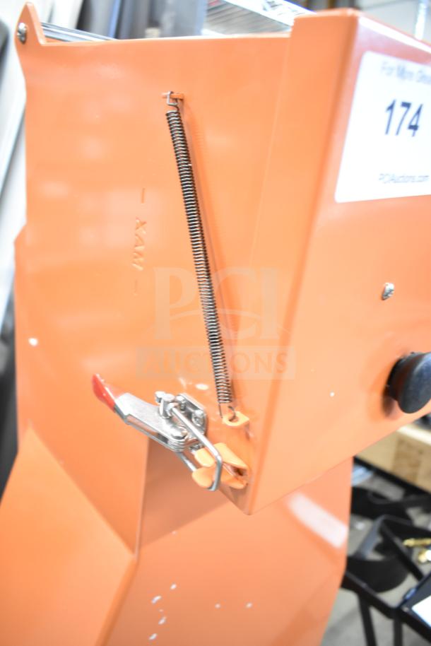 Brand new Fryclone 259OS100 fryer oil shuttle, 70-100 lb. capacity, features orange finish, minor paint scratches visible.