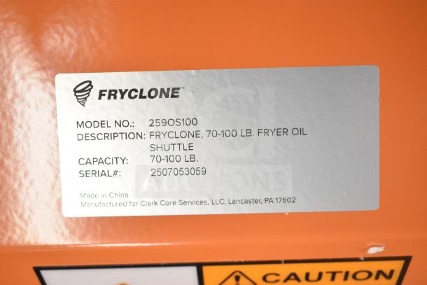 Fryclone 259OS100 Fryer Oil Shuttle, 70-100 lb. capacity, brand new with scratches, labeled with model and serial number.