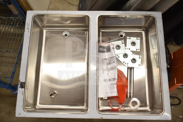 BRAND NEW 2025 ServIt 423EST2WSPB two pan electric steam table, 120V, 1 phase, with scratches, enclosed base, accessories included.