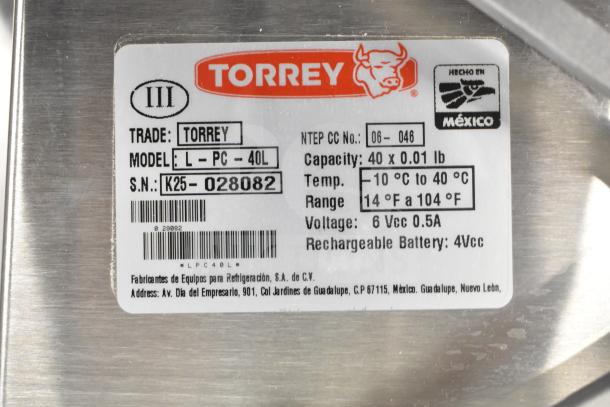 "Torrey L-PC-40L digital price computing scale label, 40 lb capacity, model details, made in Mexico, scratch and dent condition."