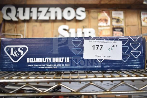 Two brand new faucets, including American Standard Monterrey and T&S B-1141-04. Auction lot 177, quantity 2, in original packaging.