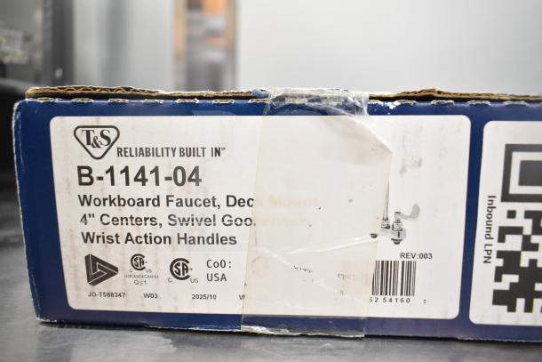 T&S B-1141-04 Workboard Faucet box with label showing 4" centers, swivel gooseneck, wrist action handles. Brand new.