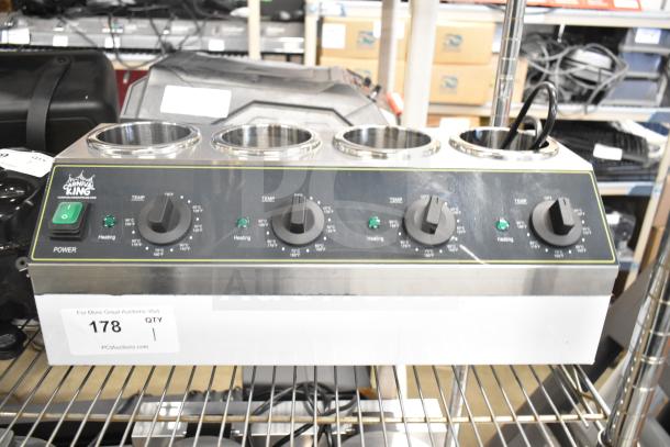 Carnival King 382SBW4 Quad 32 oz. Sauce Warmer, new scratch and dent, 120V, 1 Phase, four temperature controls, stainless finish.