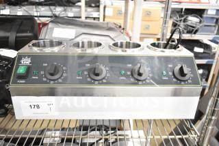 Carnival King 382SBW4 Quad 32 oz. Sauce Warmer, new scratch and dent, 120V, 1 Phase, four temperature controls, stainless finish.