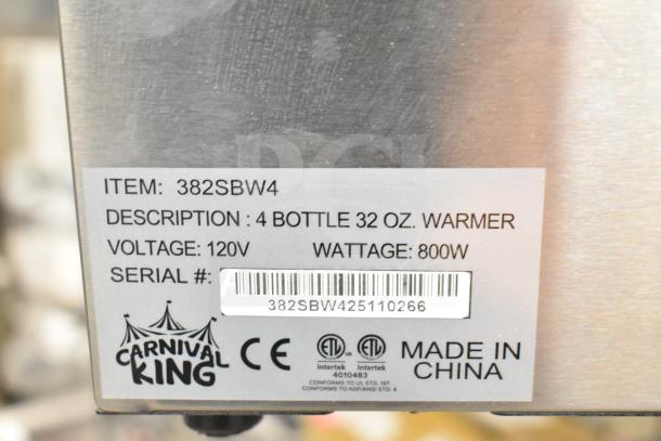 Carnival King 382SBW4 Quad 32 oz. Sauce Warmer, 120V, 800W. Scratch and dent condition. Made in China.