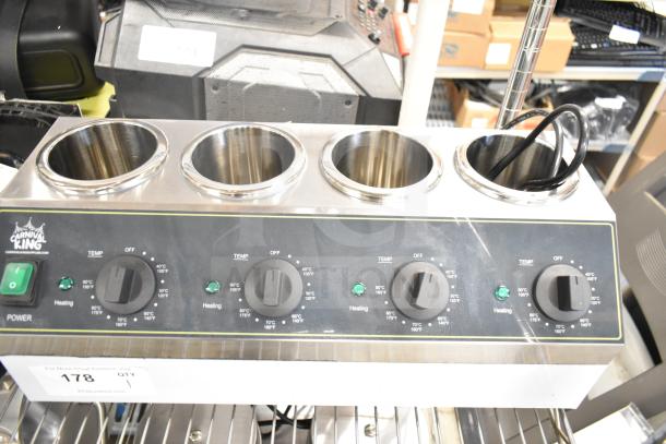 Brand new Carnival King 382SBW4 Quad Sauce Bottle Warmer, 32 oz., 120V, 1 Phase, stainless steel, with temperature controls.