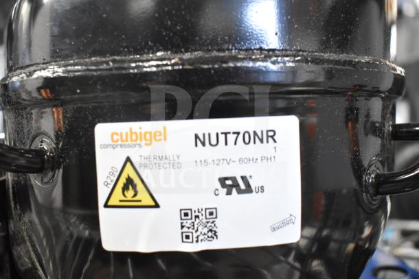 Brand new Cubigel NUT70NR Avantco 17817638 compressor. Scratch and dent condition. Thermally protected, 115-127V, 60Hz.