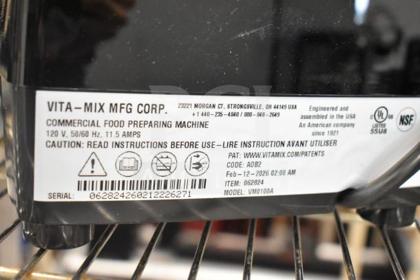 Brand new VitaMix VM0100A black blender, 2.3 hp, 48 oz. container, 120V. Scratch and dent, model label visible.