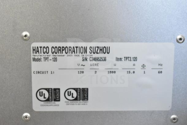 BRAND NEW SCRATCH AND DENT! Hatco TPT-120 4 Slice Toaster, 1 1/4" Slots, 120V. Label shows model, serial number, certifications.