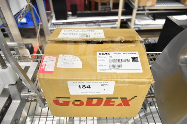 BRAND NEW GoDex DT2x Thermal Label Printer in box, model DT2x, visible scratches, serial 011-DT2341-008, with labels.