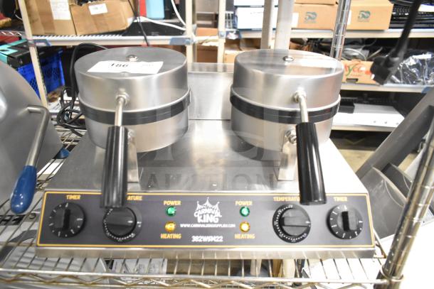 Brand new Carnival King 382WSM22 double waffle maker with timers, 120V. Non-stick, scratch and dent condition.