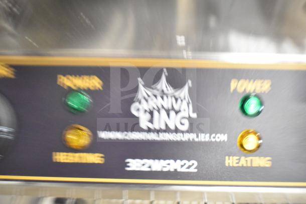 Brand new 2025 Carnival King 382WSM22 double waffle maker; non-stick, with timers; 120V; features power and heating indicators.