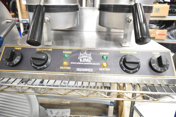 Brand new Carnival King 382WSM22 double waffle maker with non-stick surface, timers, 120 volts, minor scratches.