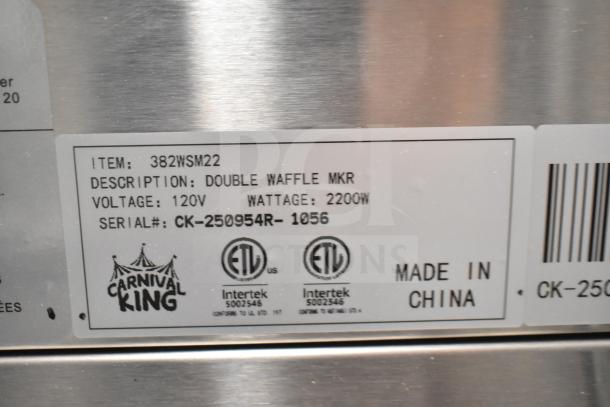 BRAND NEW Carnival King 382WSM22 Double Waffle Maker; non-stick, timers, 120V, 2200W, scratch and dent condition.