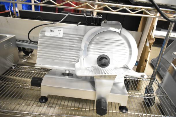 Brand new Globe Chefmate C12 commercial meat slicer with blade sharpener, 115V, 1 Phase, stainless steel, countertop model.