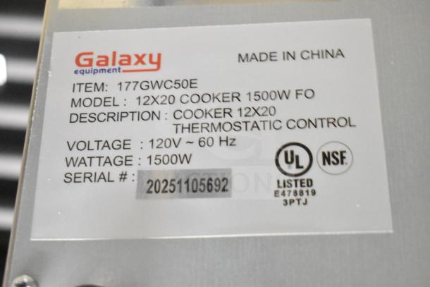 BRAND NEW Galaxy 177GWC50E 12"x20" electric food warmer, 120V, 1500W. UL and NSF listed. Model info tag displayed.