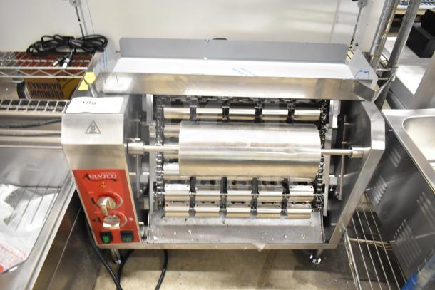 Brand new Avantco 184T18A commercial vertical conveyor bun toaster, 120V, with visible scratch and dent marks.